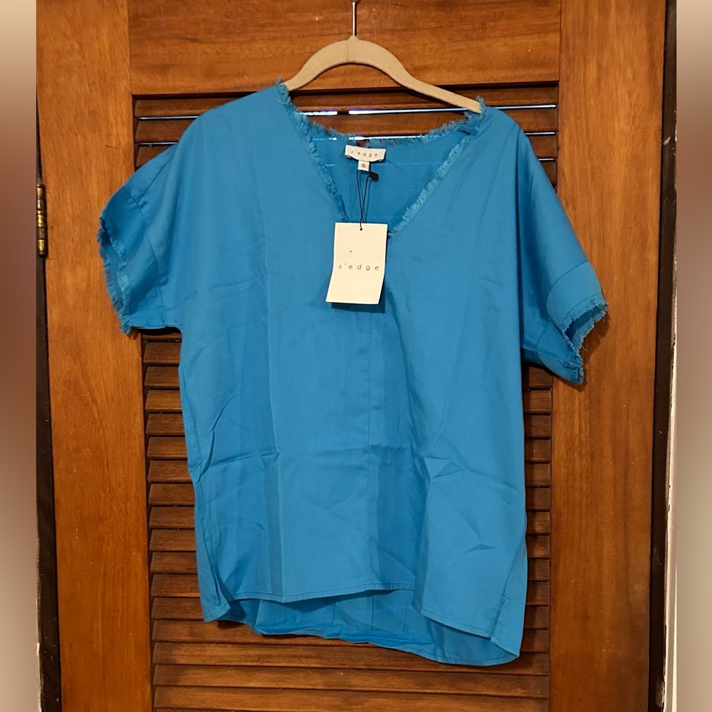 NWT S’EDGE GERANIUMS Kelce Turquoise V Neck Summer Blouse w Fringe Detail Size S